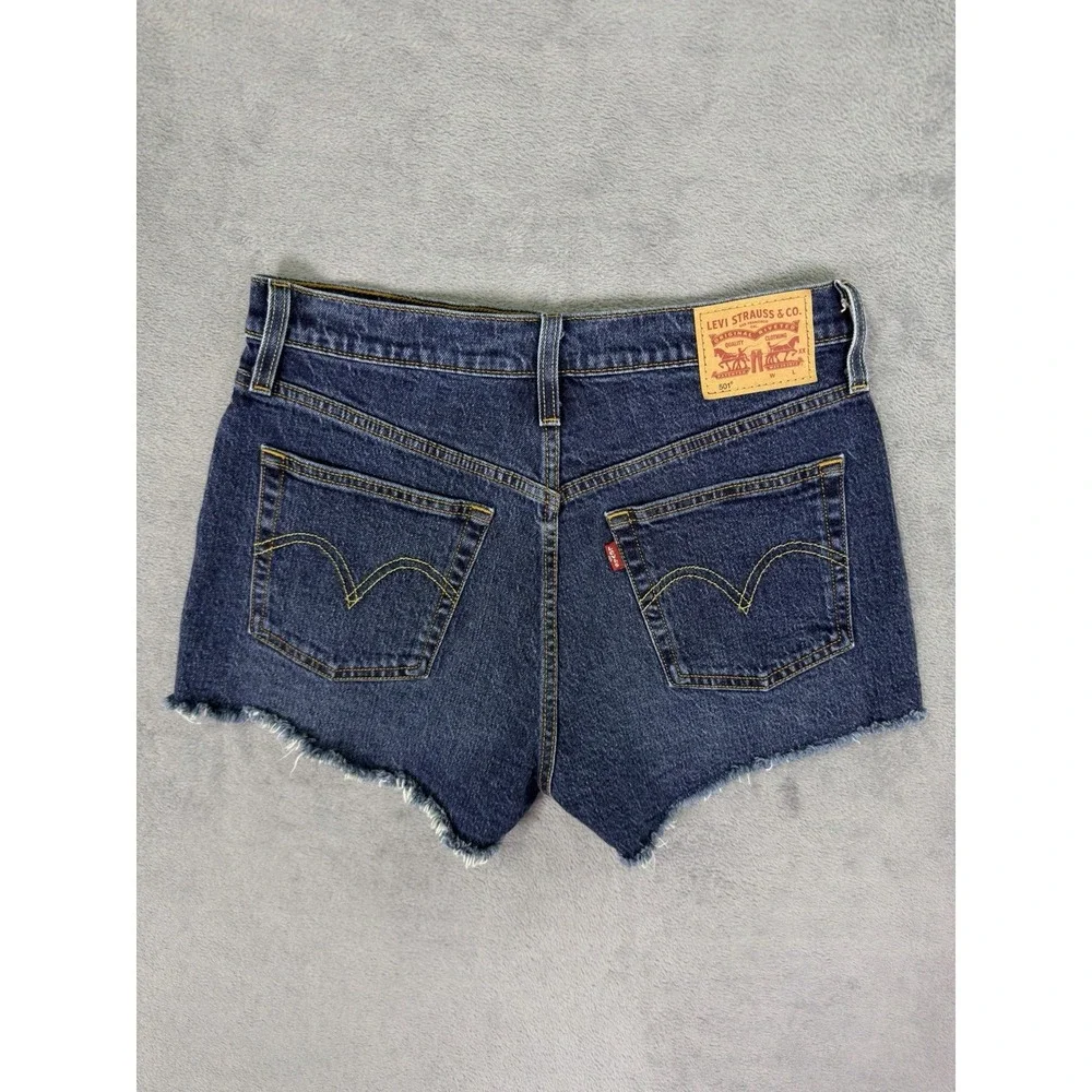 Levis 501XX Shorts Womens 28 Blue Denim Button Fly Distressed Frayed Hem